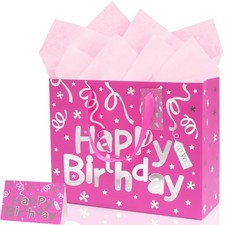 13 Pink Gift Bag Set, Pink Happy Gift Bag with Tissue and Greeting Card, Si...