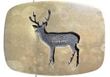 Vintage BTS Solid Brass Belt Buckle With Engraved Inlay Standing Deer Elk 1979