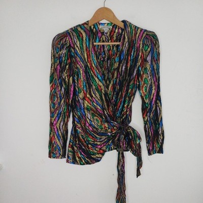 Pailletten Regenbogen Top Glitzer Vintage Bluse Party Gold Metallic Festival 