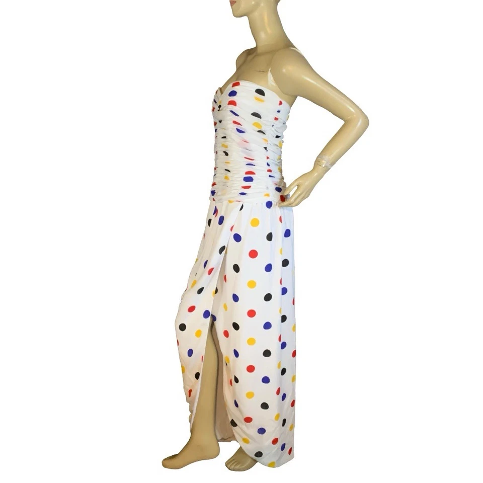 WOMEN'S VINTAGE 1980'S VICTOR COSTA POLKA DOT MULTI COLOR STRAPLESS DRESS SZ 10 - Image 3 of 4