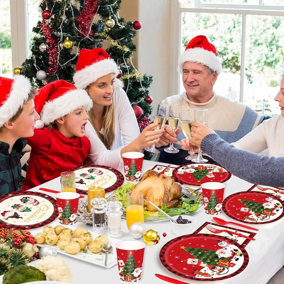 175 PIEZAS Platos y Servilletas Grandes de Papel de Navidad Sirven 25, Rojo Desechable Cena Foto 4 de 4