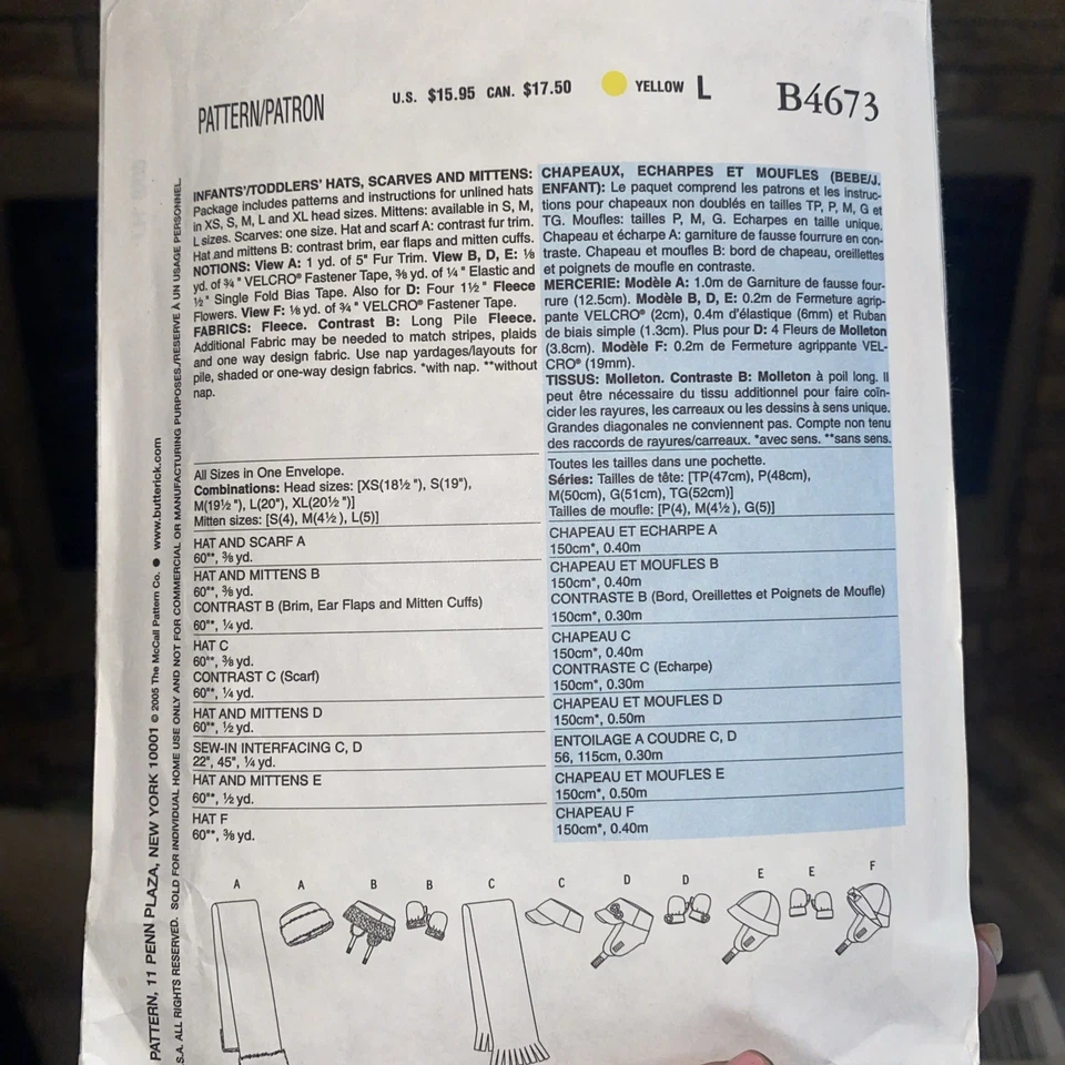 Butterick Sewing Pattern B4673 Infant Toddler Hats Scarves Mittens Cut - Image 2 of 2