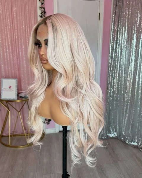 24 Inch Ombre Pink Platinum Blonde Wigs 100% Human Hair Lace Front Wig Body Wave - Image 4 of 4
