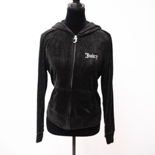 Y2K Style Juicy Couture Black Velvet Zip Up Hoodie Womens Large Rhinestone Glam
