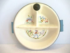 Vintage Childs Ceramic Divided Warming Dish Handles Plug Little Boy Blue Art