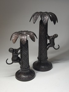 Bombay Company Monkey Palm Tree Candle Holders Pair Tropical Jungle Decor