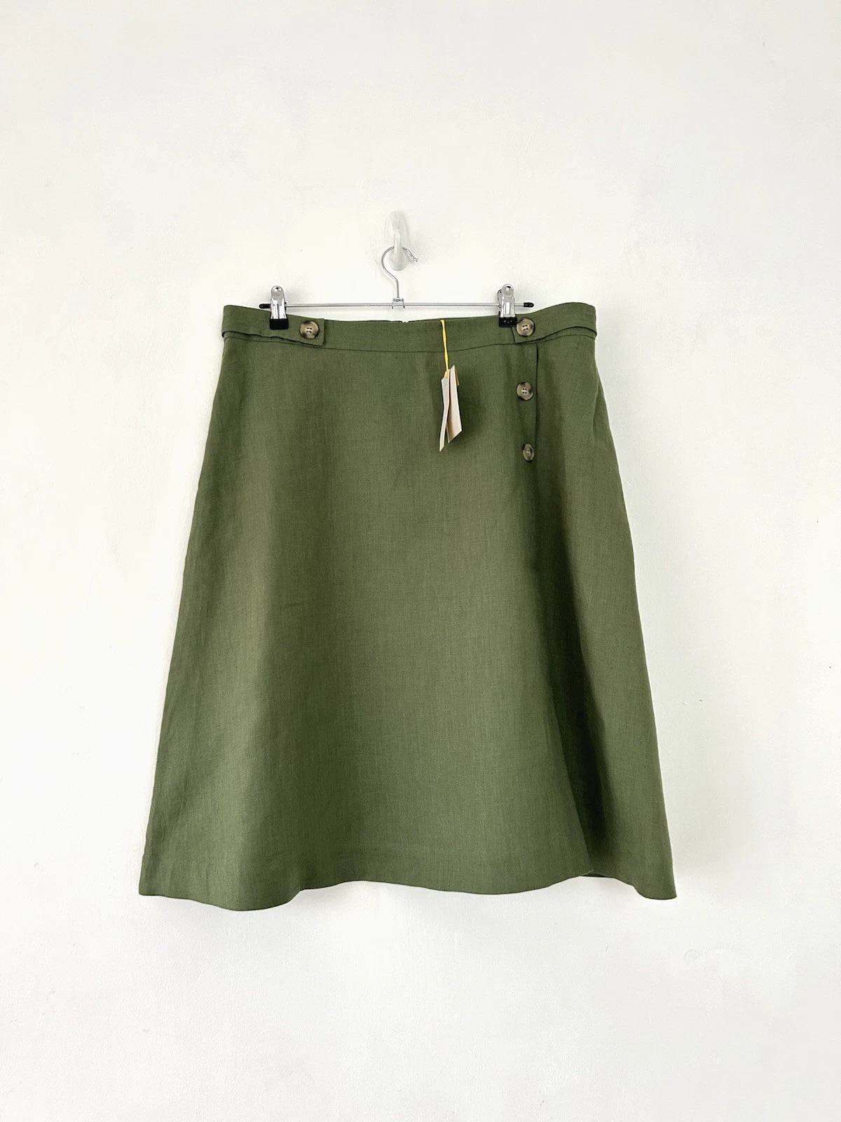 Jaeger 100% Linen Skirt Women's Green Faux Wrap Pockets Button Size 18 BNWT