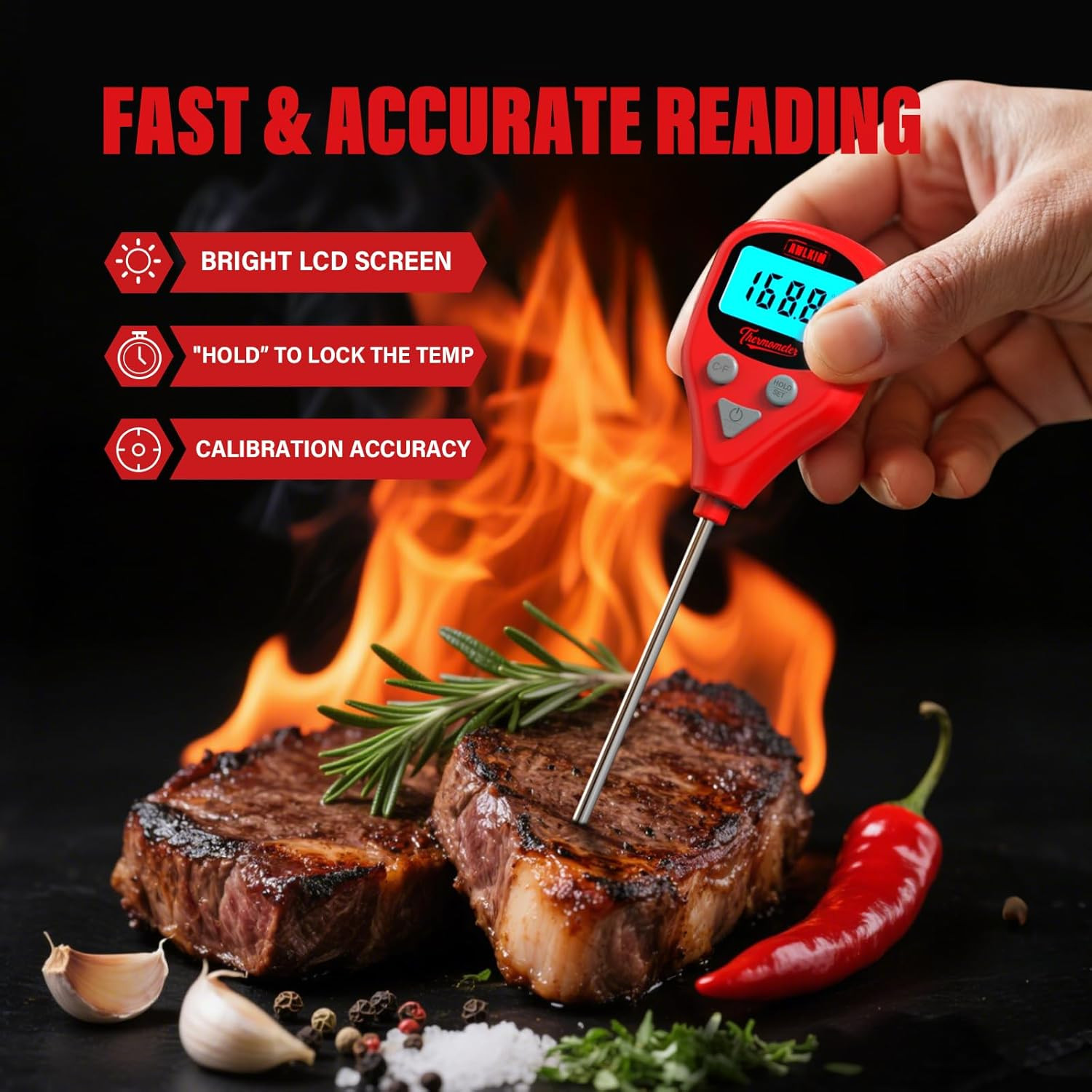 Rechargeable Digital Meat Thermometer with 3.3ft External Probe, Warning Alert,