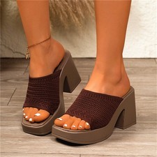 Women's Knit Platform Block Heels Fashion Mules Slides Square Toe Summer Sandals