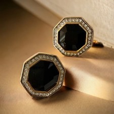 Swarvoski SAL Clip On Earrings Gold Tone Octagon Black Crystal Rhinestone