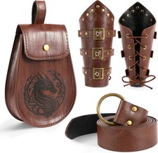 4PCS Renaissance Accessories, Medieval Viking Belt Leather Bracers Brown