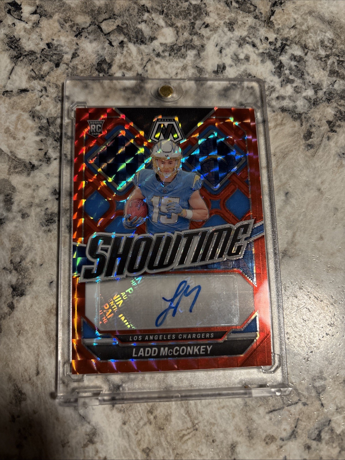 2024 Panini Mosaic Showtime Signatures Ladd McConkey #SS-LMY (AU, RC)