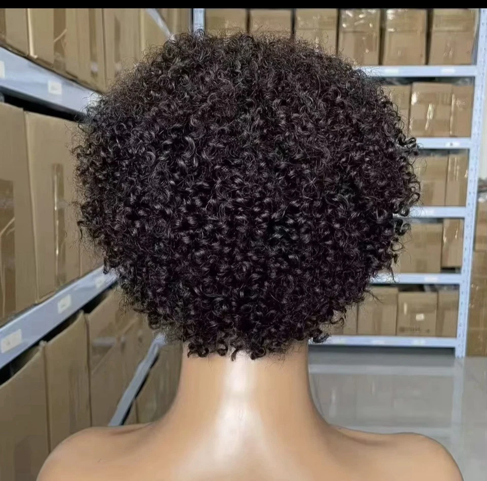 Women Remy Human Hair Wig Short Pixie Curly Cut Black High-Density Wig No Lace  - Image 2 of 4