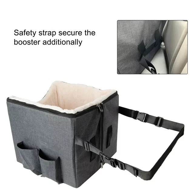 Small Dog Car Seat Booster Detachable Travel Carrier Bed w/ Leash Grey PlushSeat