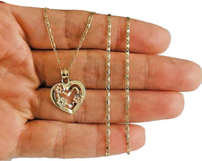 14K Solid Gold Heart Rose Pendant Necklace- 1.5mm Chain-3T Gold- 18" Long-PT1946