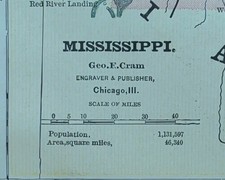 Vintage 1885 Mississippi Map 11"x13" ~ Old Antique Original JACKSON BILOXI MS