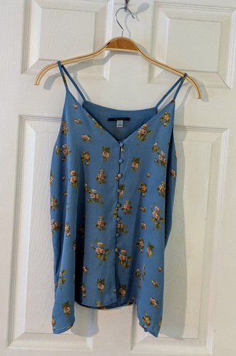 TANQUE DELANTERO CON BOTONES CUELLO EN V EN AZUL POLVORIENTO DITSY FLORAL T TAHARI TALLA PEQUEÑA NUEVO SIN ETIQUETAS