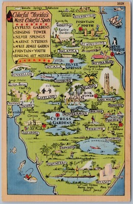 Map of Colorful Florida's Most Colorful Spots, Linen Postcard