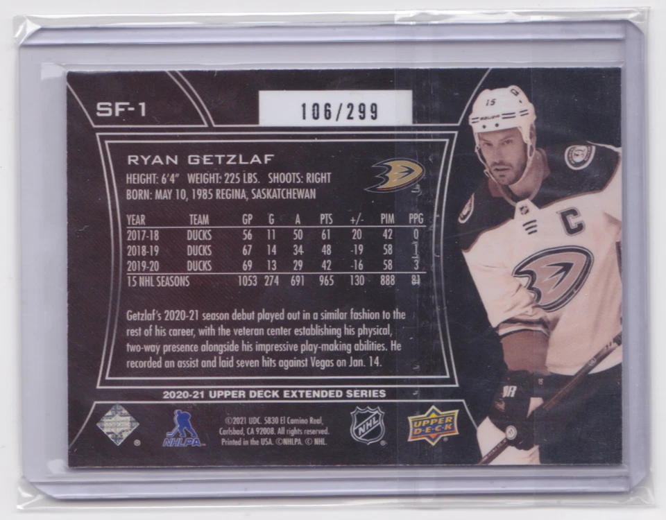 2020-21 UD EXTENDED SERIES SPx FINITE GOLD /299 RYAN GETZLAF #SF-1 ANAHEIM DUCKS - Image 2 of 2