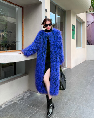Winter New Women Blue Fur Coat Imitating Lamb Wool Fur Over The