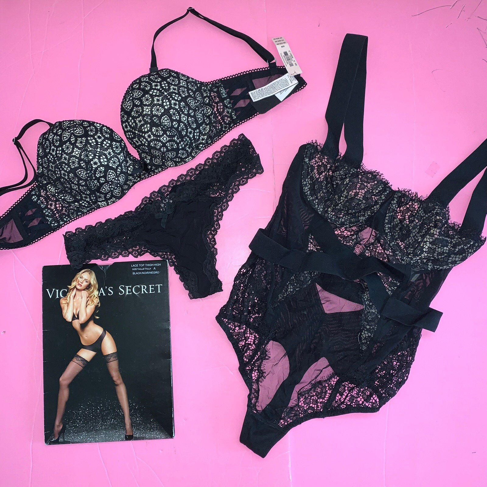 Victoria's Secret 32B BRA SET+thong+shorts+TEDDY ONE-PIECE BLACK lace VERY SEXY image 2