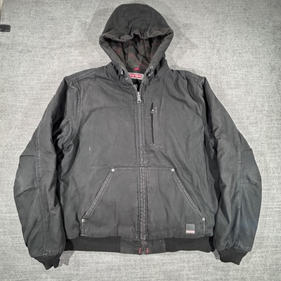 #ad Craftsman Work Jacket Mens Medium Black Good Hooded Canvas Quilted Lined Zip Up $44.99