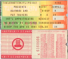 1981 RAINBOW W/ PAT TRAVERS CONCERT TICKET STUB, INTERNATIONAL AMPHITHEATRE
