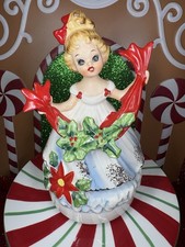 Vtg Josef Originals Christmas Girl Holly Leaf Ribbon Poinsettia Music Box Japan
