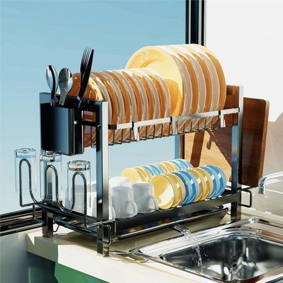 2 Ebenen Abtropfgestell, Platzsparende Abtropfschale mit Utensilien Organizer, Cutti