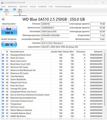 Western Digital WD Blue SA510 250 GB, SATA 3, 2,5 Zoll Interne SSD Neuwertig!