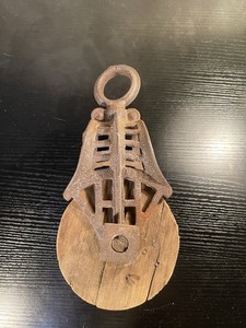 Antique Cast Iron & Wood Barn Pulley Farm Tool Rustic Primitive 12”
