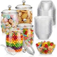 4 PCS 64 oz Clear Plastic Candy Jars With Lids 100 Bowls 2 Spoons Cookie Buffet