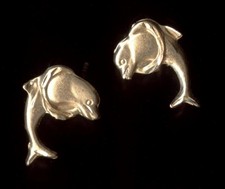 14K Solid Yellow Gold 14mm Diamond Cut Dolphin Fish Animal Ocean Earrings -yw