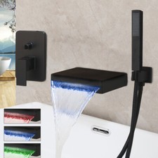 LED Bathroom Tub 3 PCS Wall Mount Black Waterfall Faucet Mixer Hand Sprayer Taps