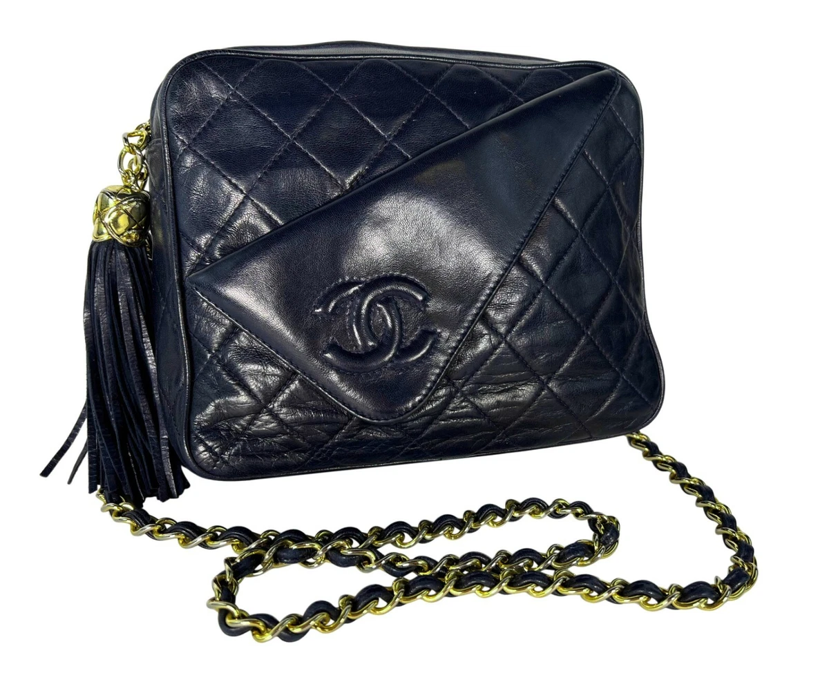 Dark Blue Chanel Quilted Leather Lambskin Pocket Camera Bag Mini