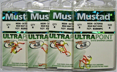 Four Packs (6 Hooks per Pack) Mustad 92569FC Fish Hooks Neon Chartreuse Size 8