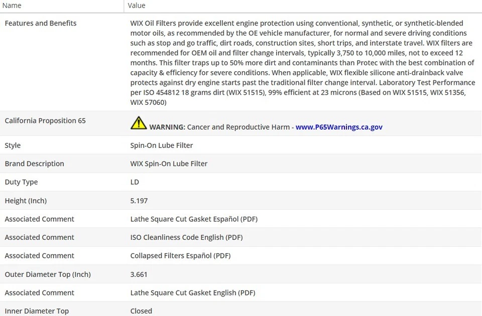 Filtro de aceite de motor OEM WIX para Mercury Montclair 1957 V8-6,0 L Foto 3 de 4