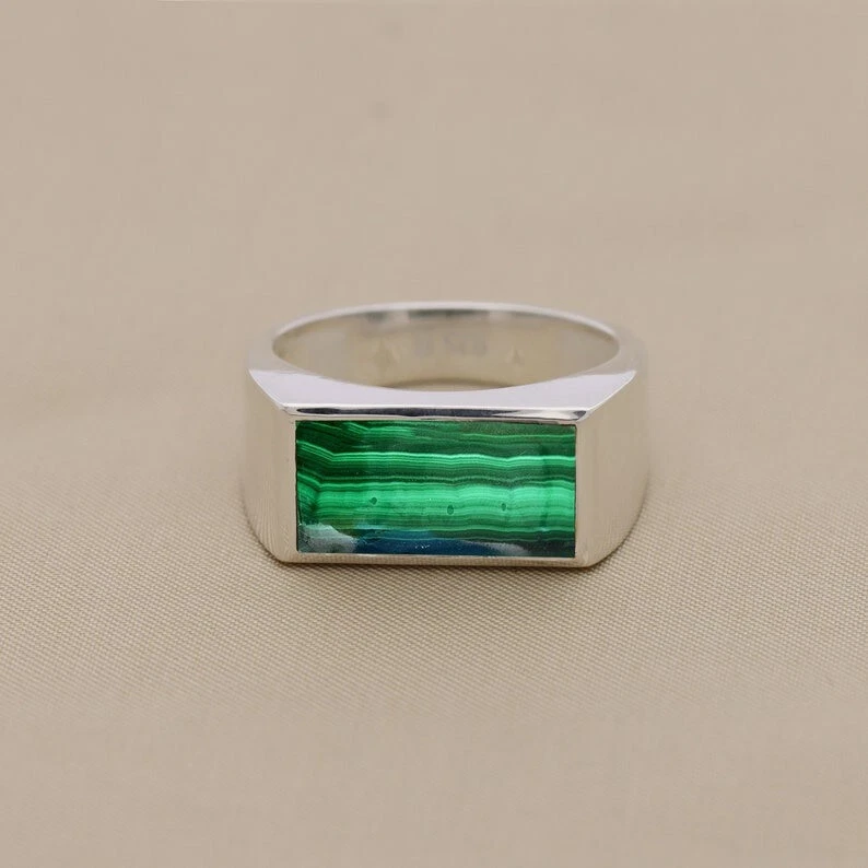 Anillo Malaquita Verde Plata Esterlina 925 Para Hombre Anillo Sello Anillo Regalo Para Él Foto 3 de 4