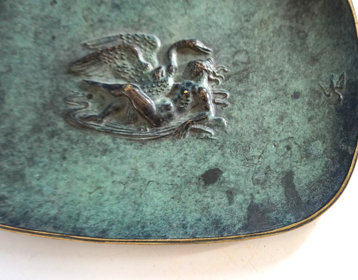 Vintage Fritz Nuss Bronze Teller Schale Frau Akt Leda mit Schwan 1946 (F025-958)