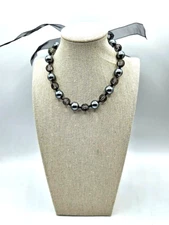 Grey Mesh Beads Collar Necklace Tie Ribbon Extension Elegant Classy Pearl 13"