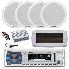 Pyle Bluetooth Marine Radio,Cover,Antenna,Amp w/Kit, 4x 6.5'' 400W White Speaker