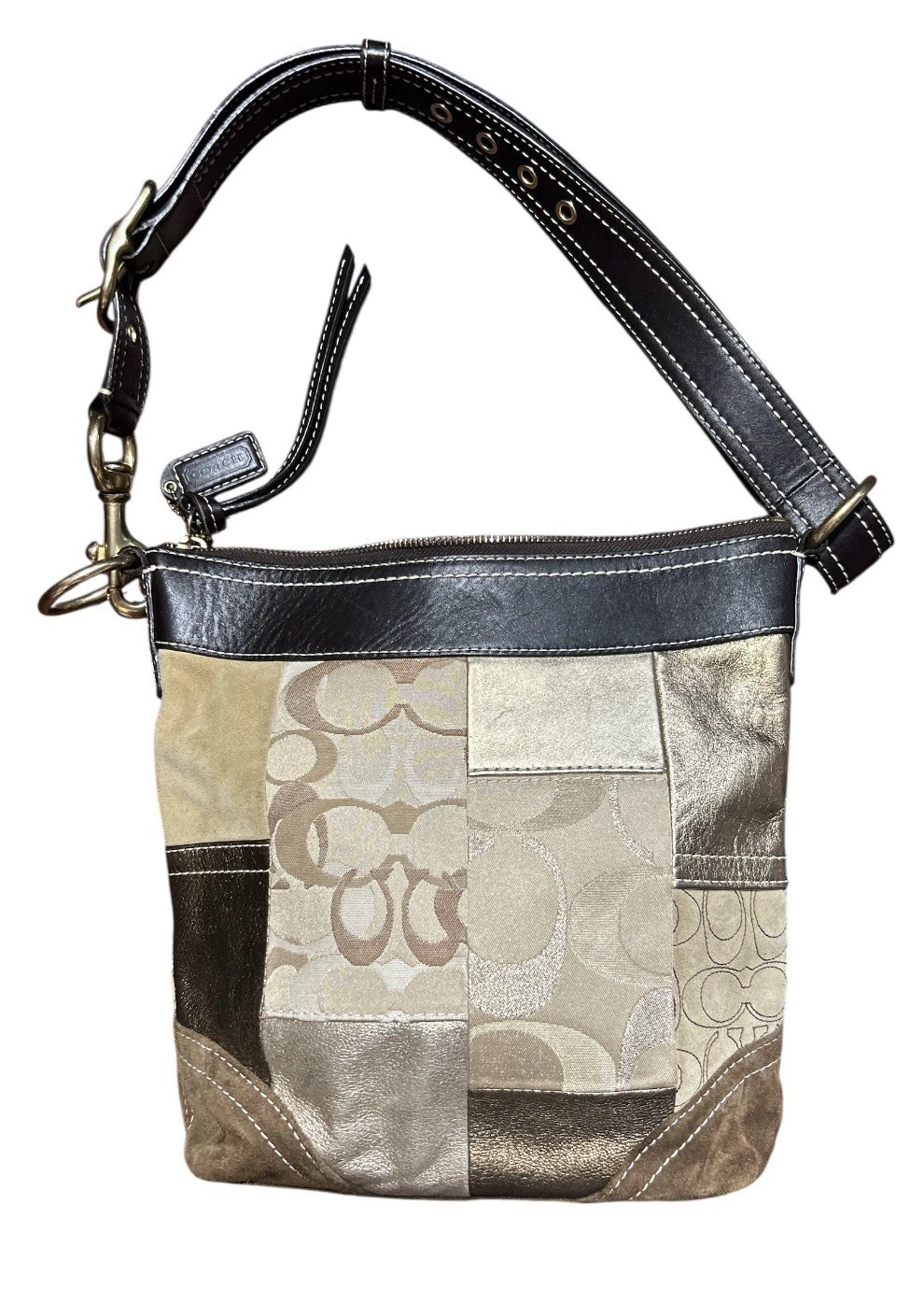 Borsa a tracolla Coach vintage monogramma patchwork marrone scamosciato oro pelle Y2K