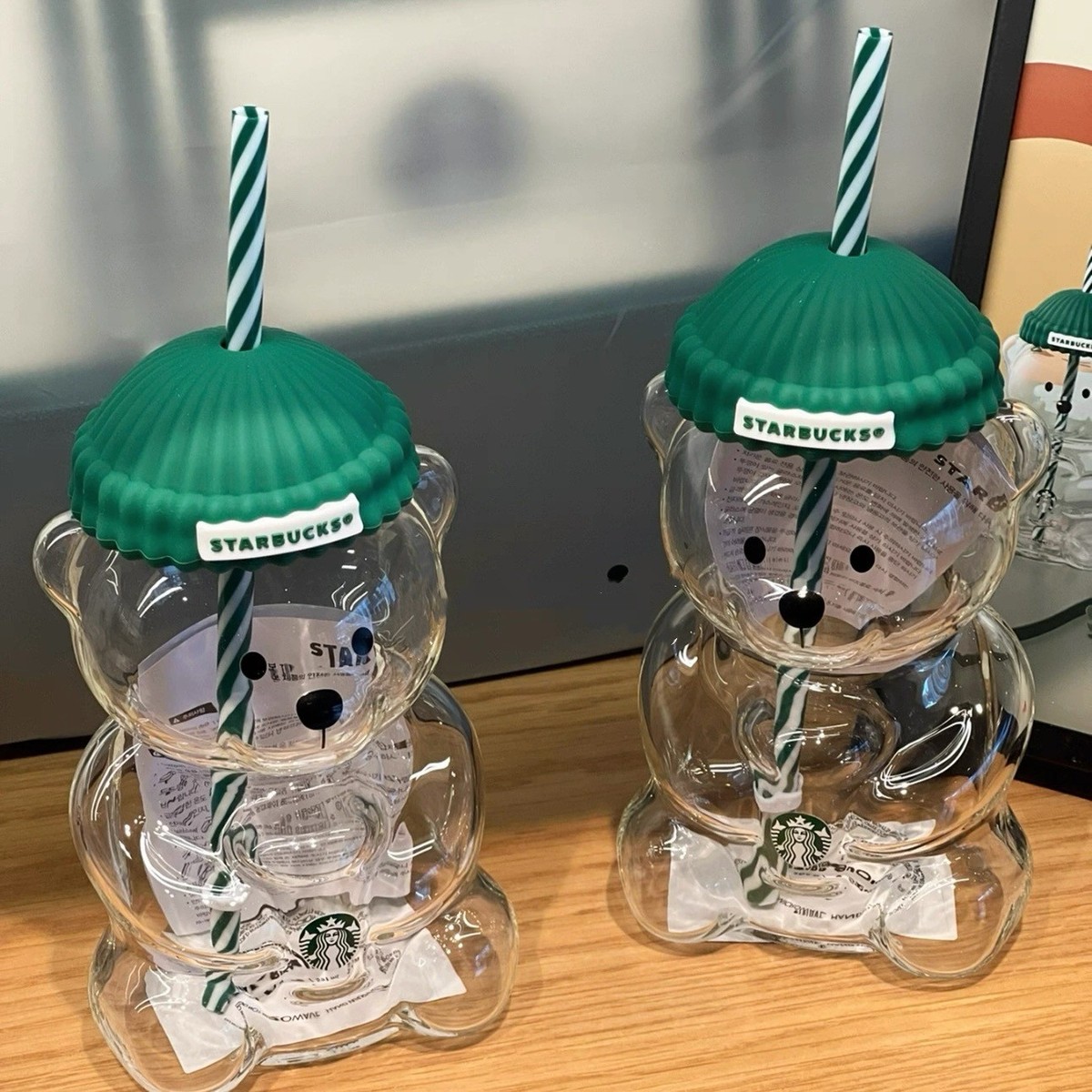 Starbucks Christmas Green Hat Teddy Bear Glass Cold Cup Tumbler