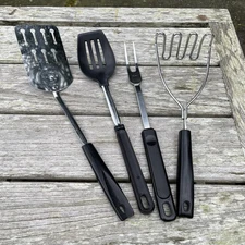 Ekco Stainless 4 piece Kitchen Utensil Spatula Masher Slotted Spoon Fork Vintage