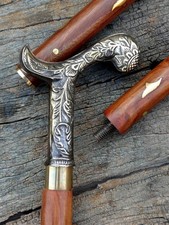 Victorian Brass Handle Wooden Walking Stick Vintage Designer Brown Cane Style "