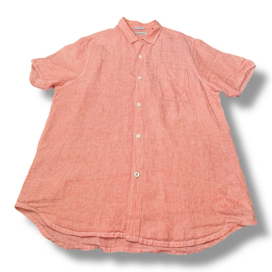 Tommy Bahama Short Sleeve Collared 100% Linen Button Up Pink Red Men’s Size XL