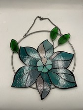Stained Glass Window Hanging Flower Panel Aqua Blue 8" Diameter New In Box