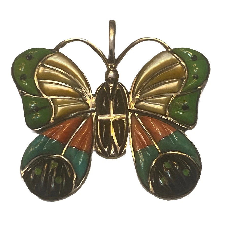 Broche colgante mariposa con incrustación de concha de piedra firmado plata 925 marca fabricante Foto 3 de 4