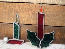 Set Of 2 Stained Glass Christmas Candle Sun Catcher Window Decoration Holly