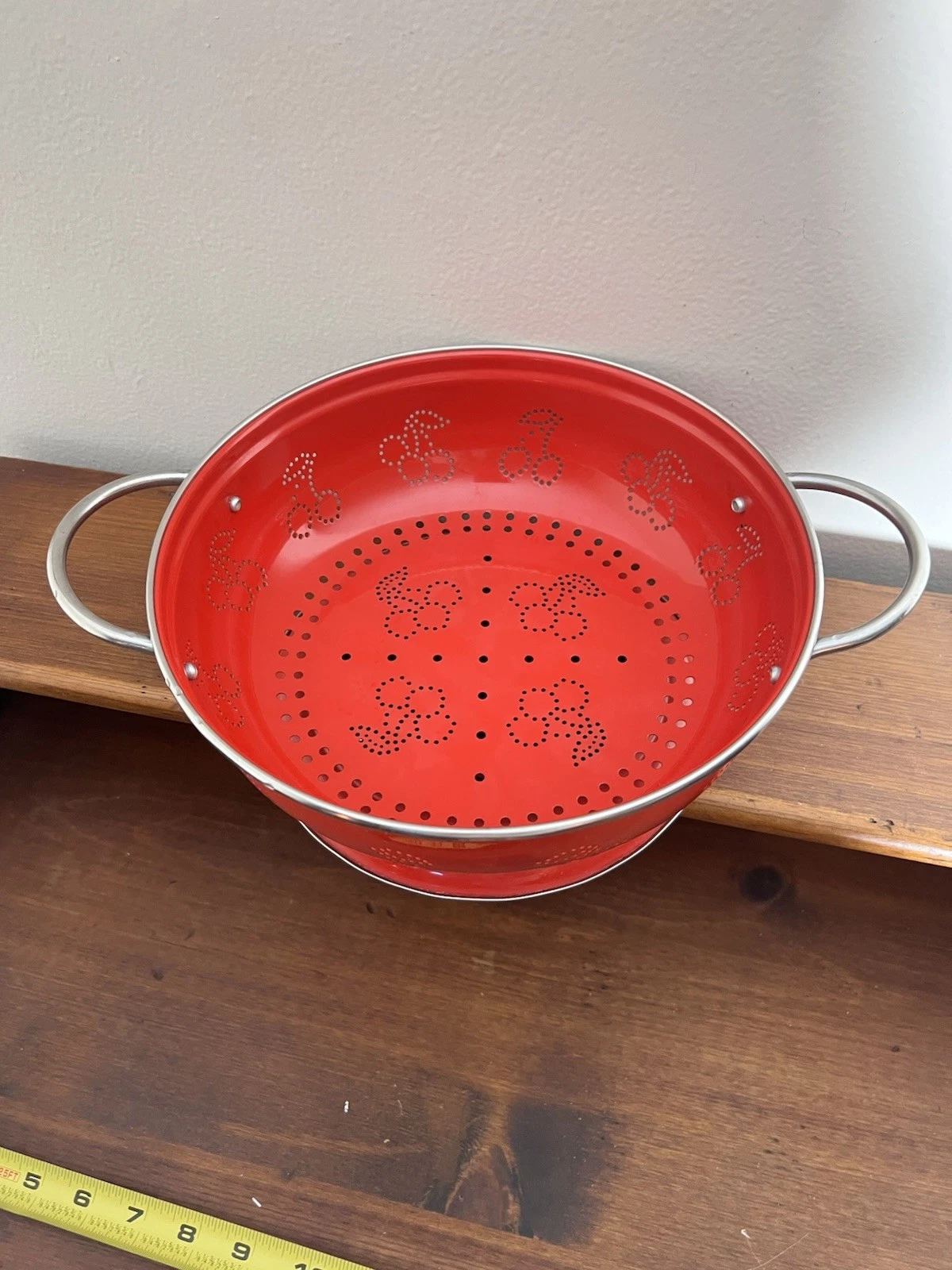Red Enamel Colander Strainer Cherry Design Stainless Steel Footed 10" Farmhouse